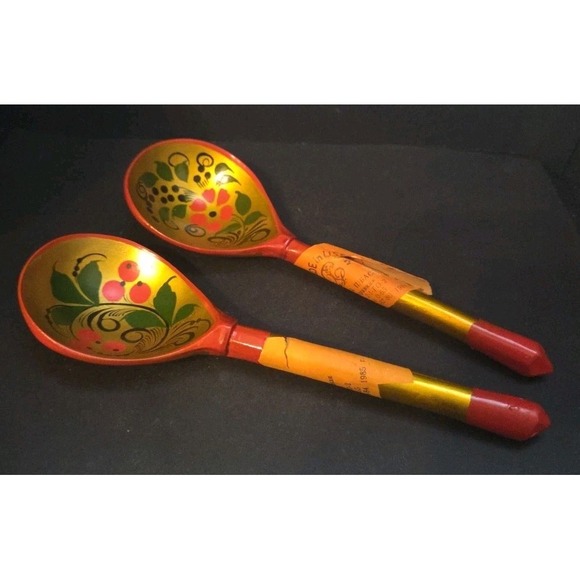 Beriozka Other - Beriozka‎ Khokhloma Wooden Spoons USSR Set of 2 Gold Red Vintage Excellent